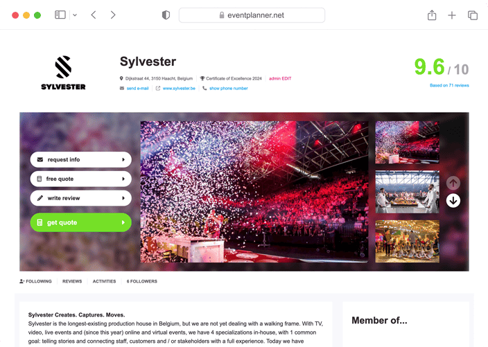 Screenshot of a business page on eventplanner.net