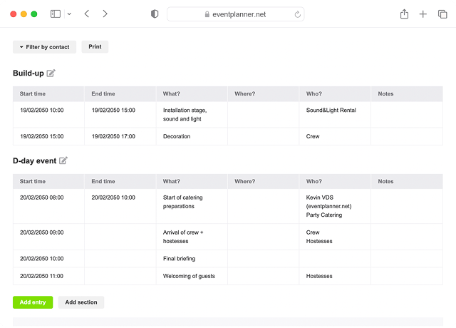 Callsheets interface showing features